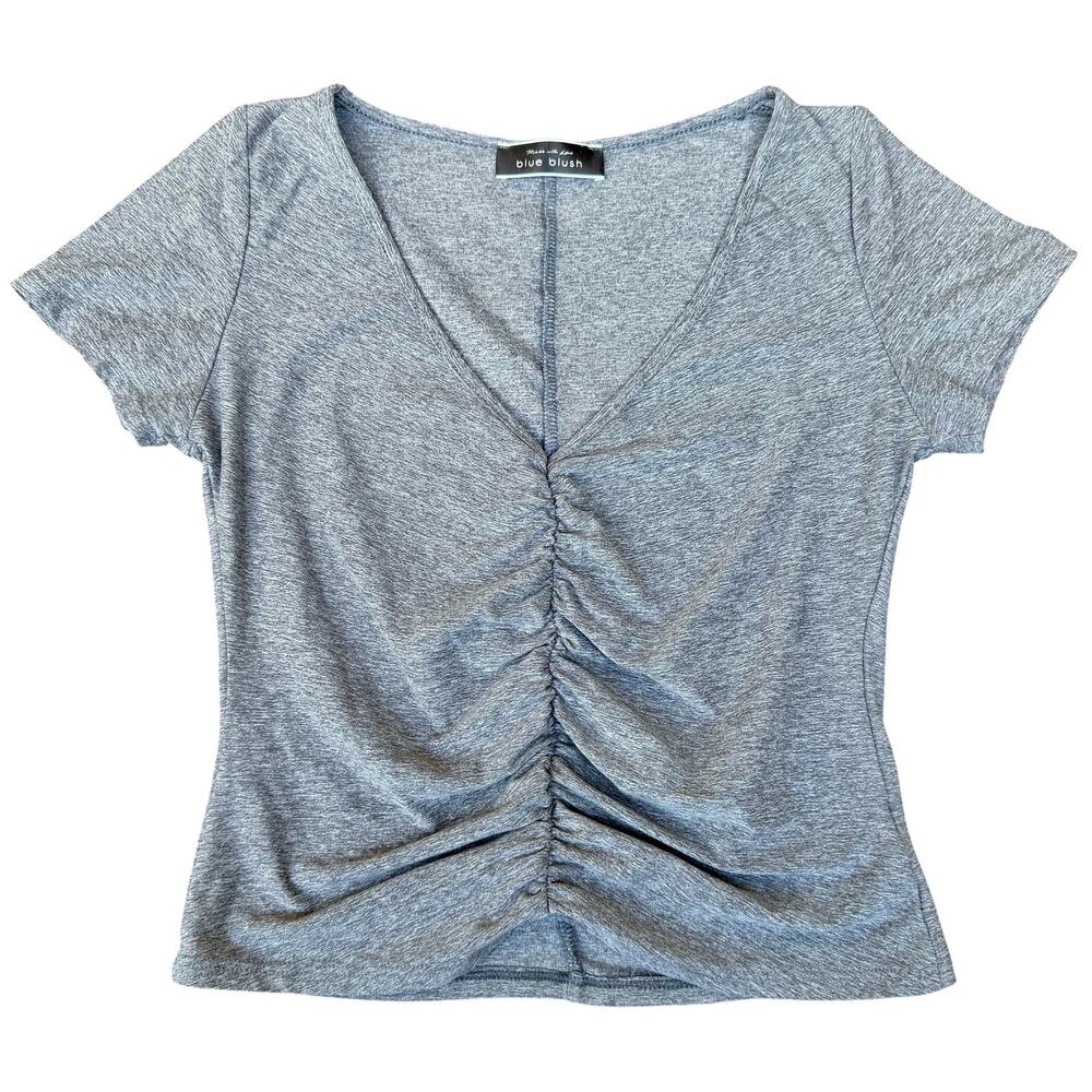 VICI Collection Blue Blush Grey Ruched V-Neck Short Sleeve Top M